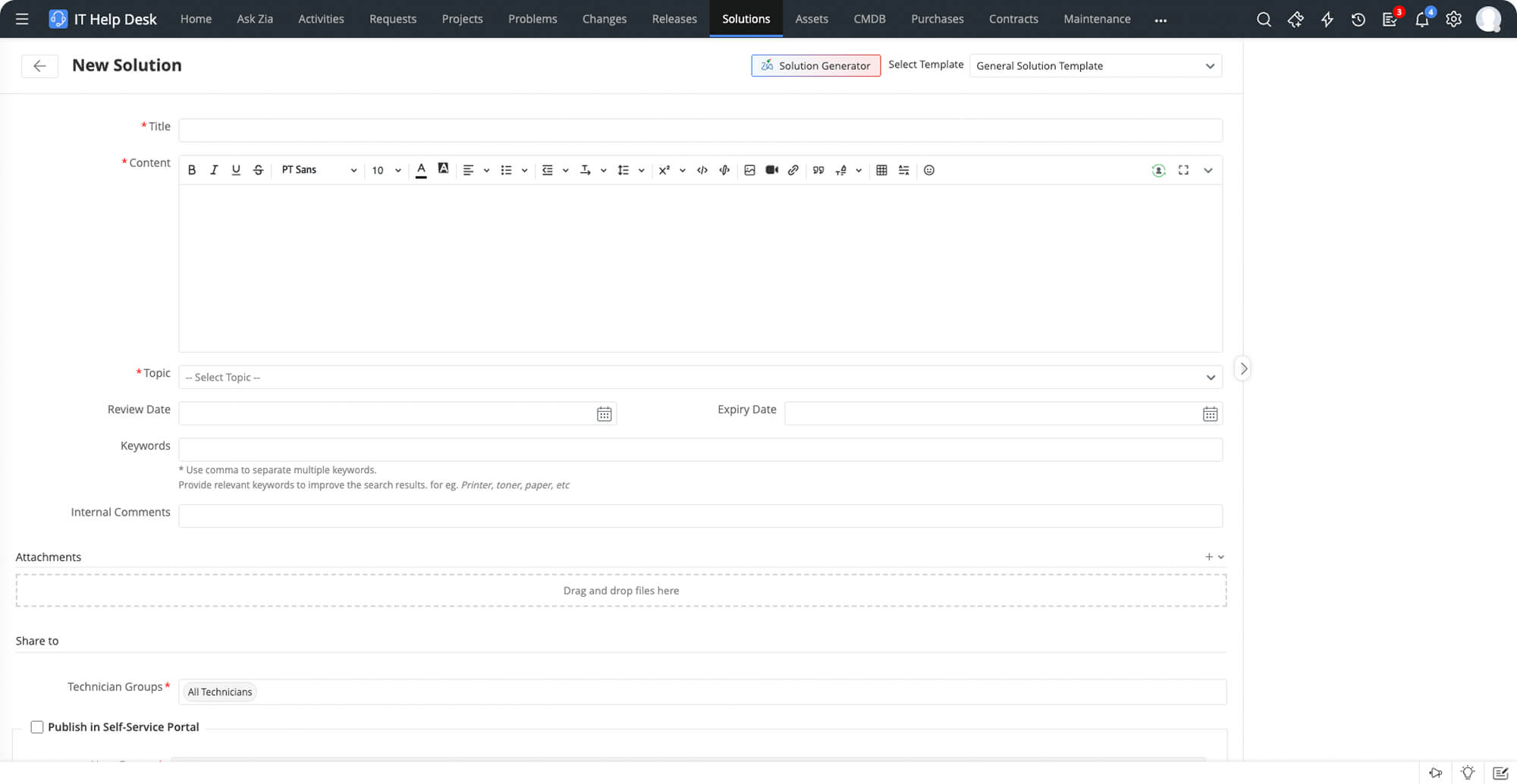 Ask Zia AI chatbot in IT knowledge base software