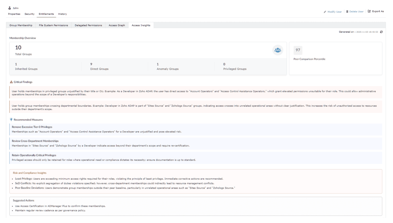 Zia access insights dashboard surfacing anomalous user activity and risk scores in ManageEngine IAM