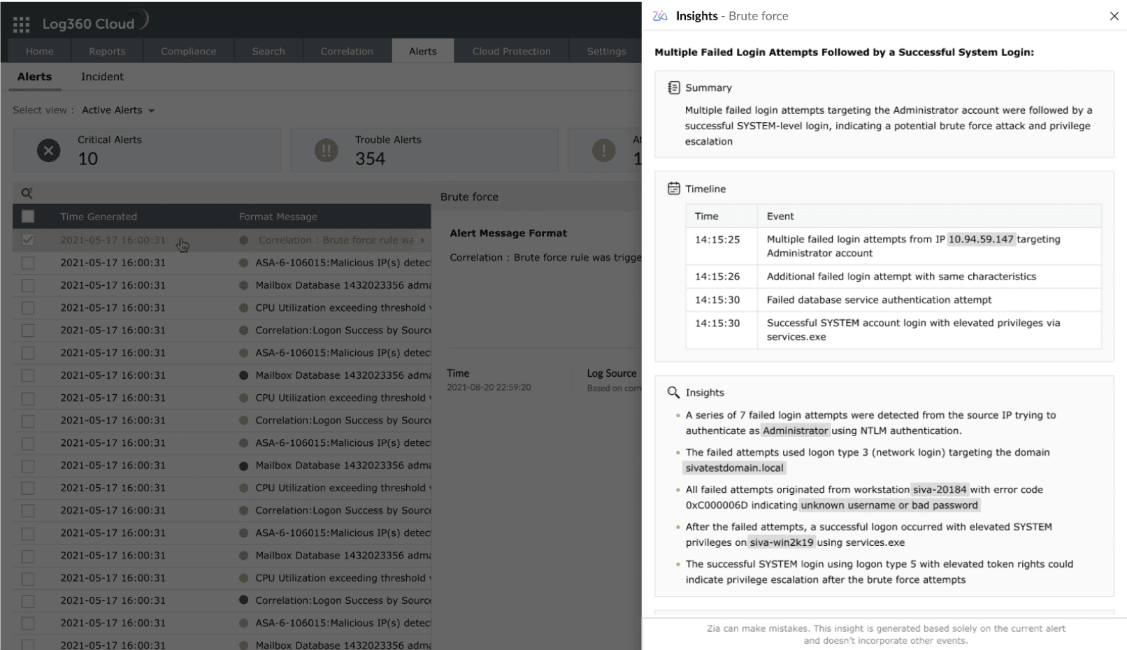 Log360 SIEM console where Zia Insights translates complex event data into clear, actionable plain-language insights