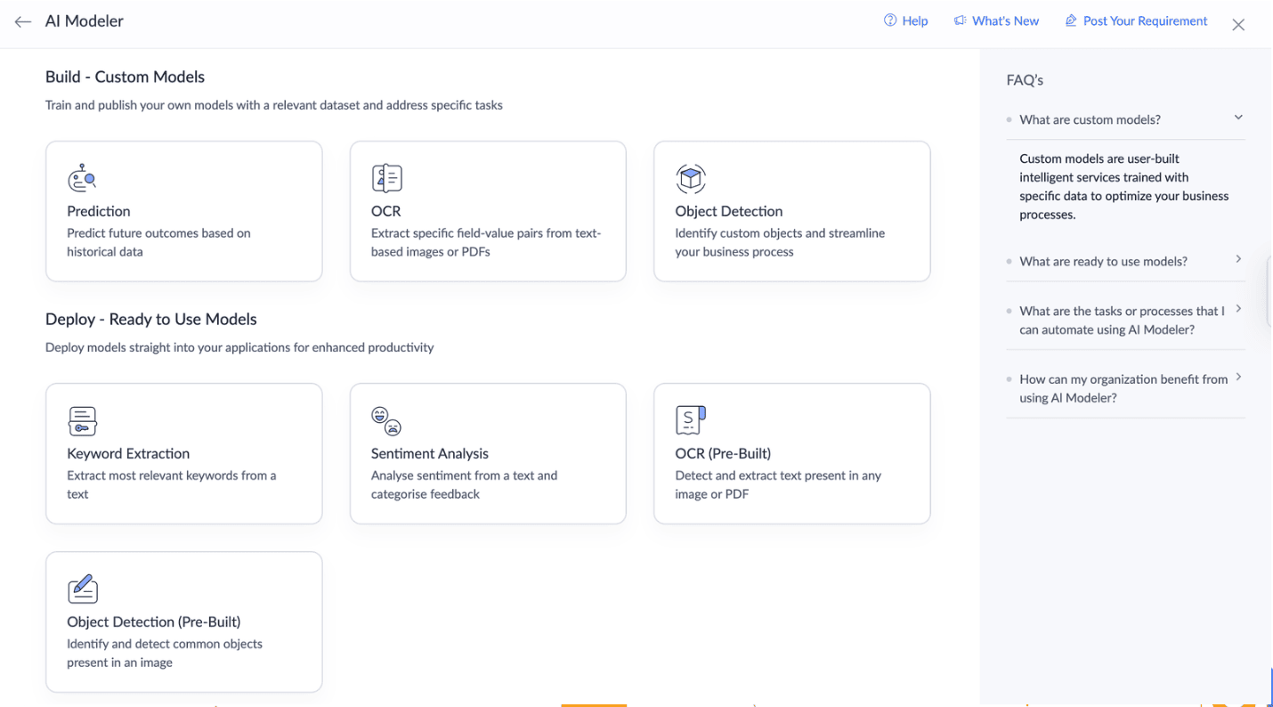AI modeler in the ManageEngine low-code platform building no-code AI models for app development