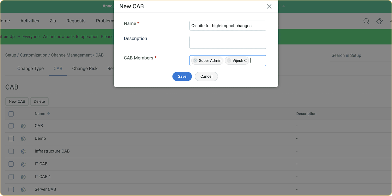 Change advisory board approvals and stakeholder collaboration