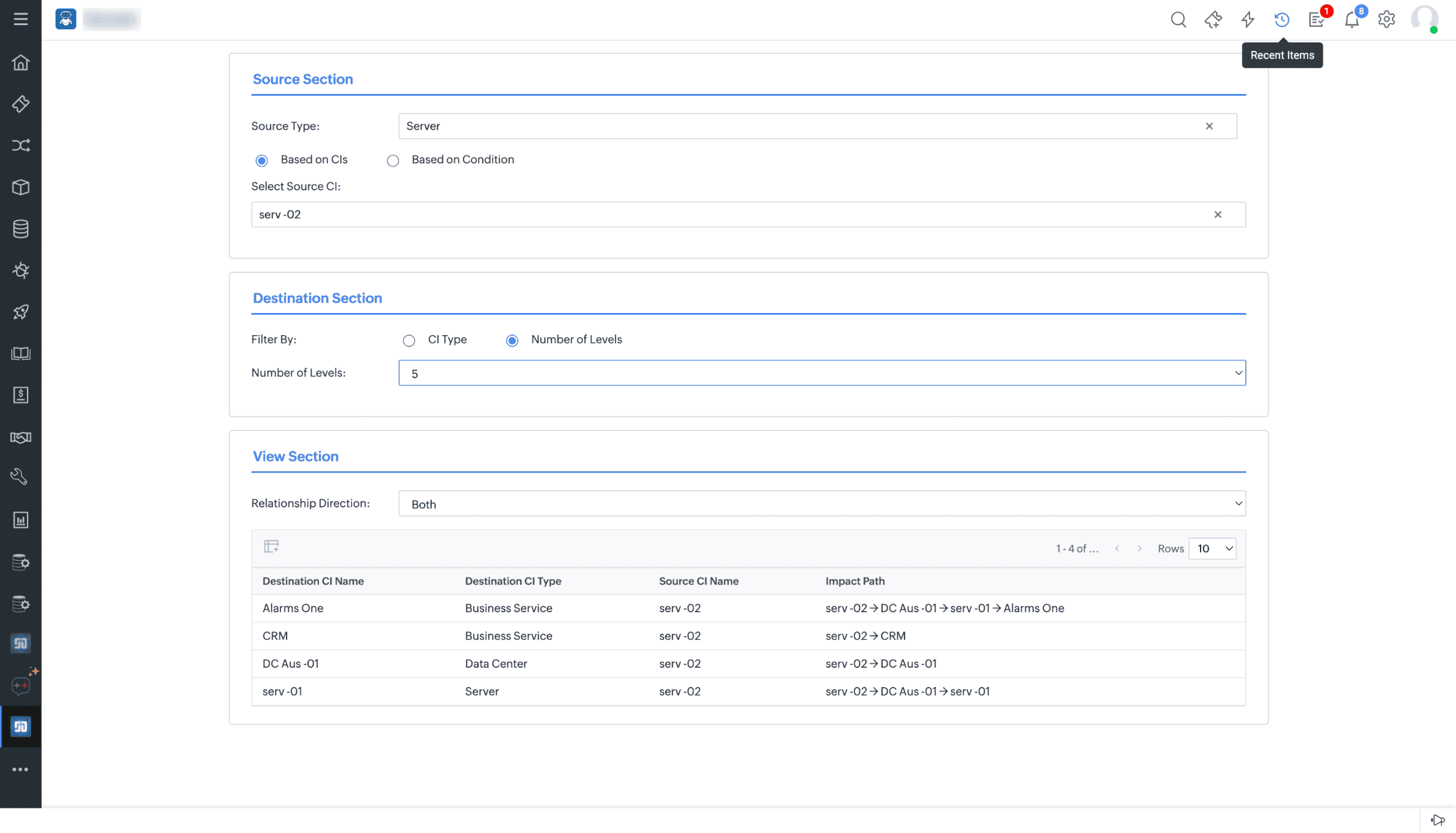 CI Impact Analysis screen showing source, destination CIs, and impact path table