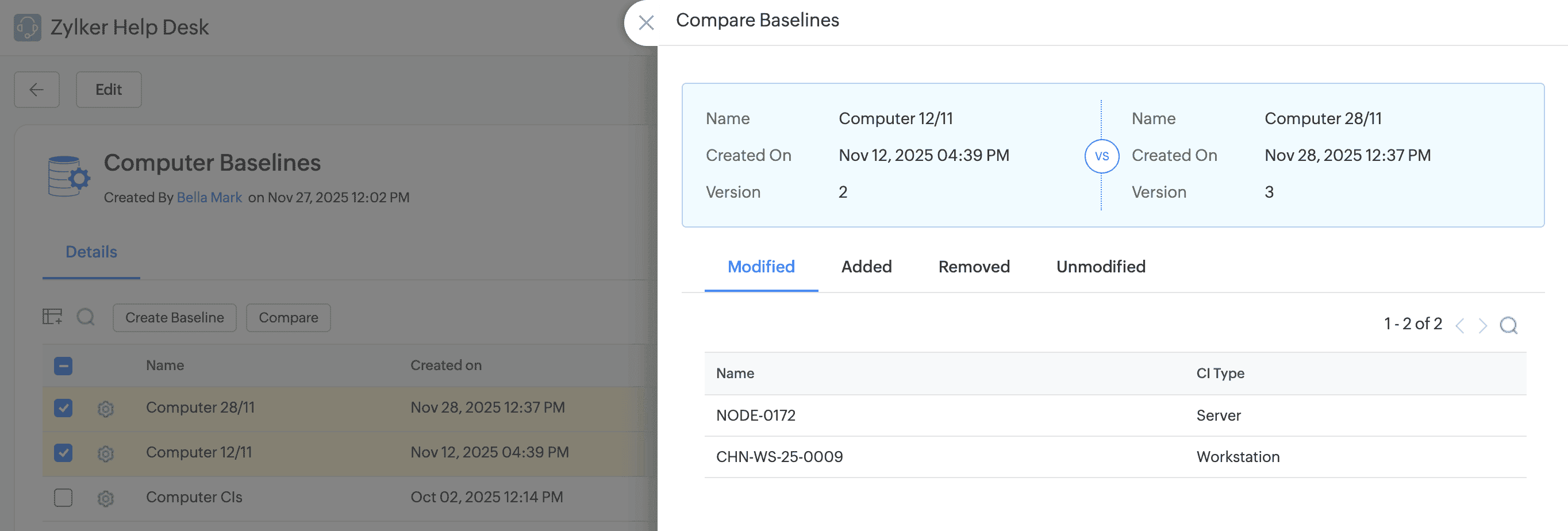 Compare Baselines panel showing modified, added, and removed configuration items