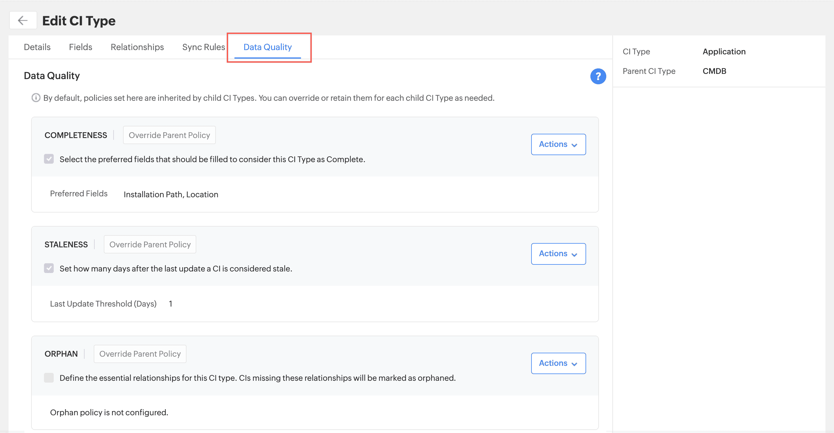 Edit CI Type screen showing Completeness, Staleness, and Orphan data quality policies