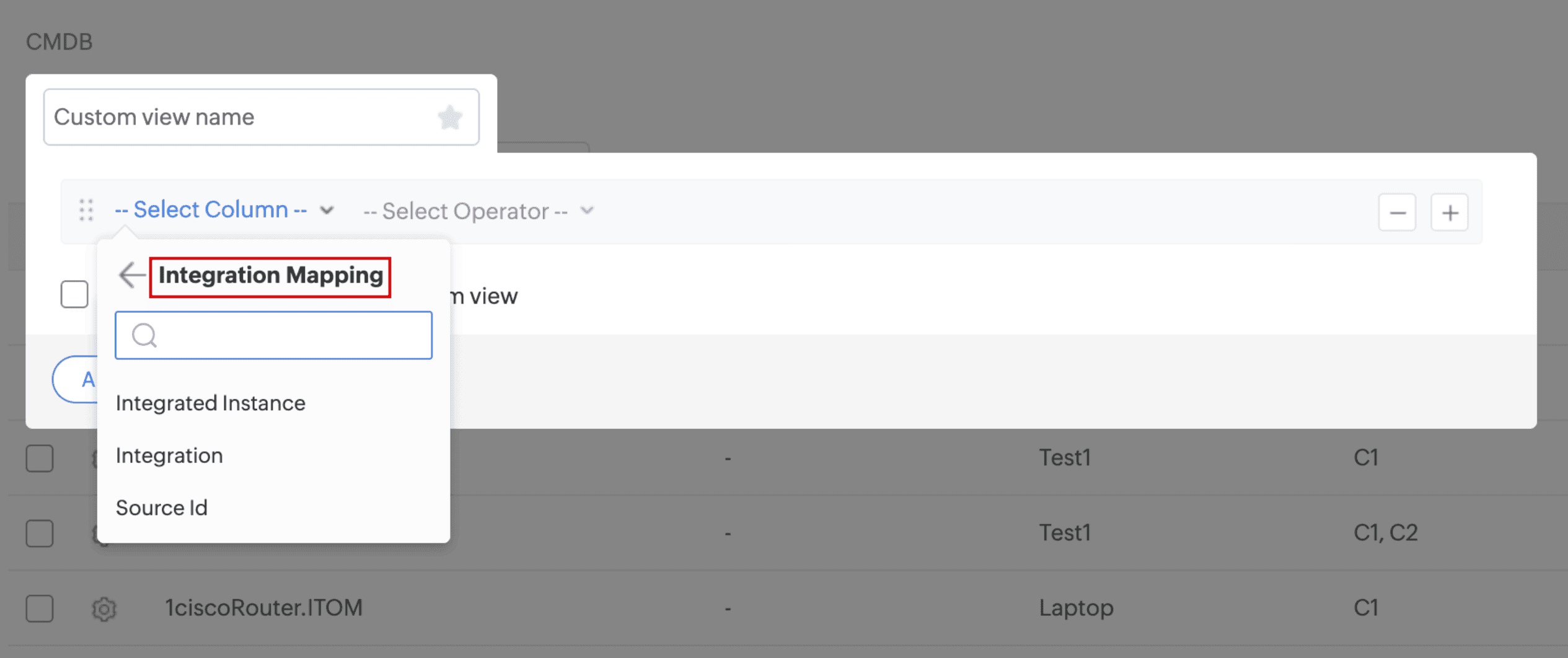 Custom CMDB list view with Integration Mapping filter options highlighted