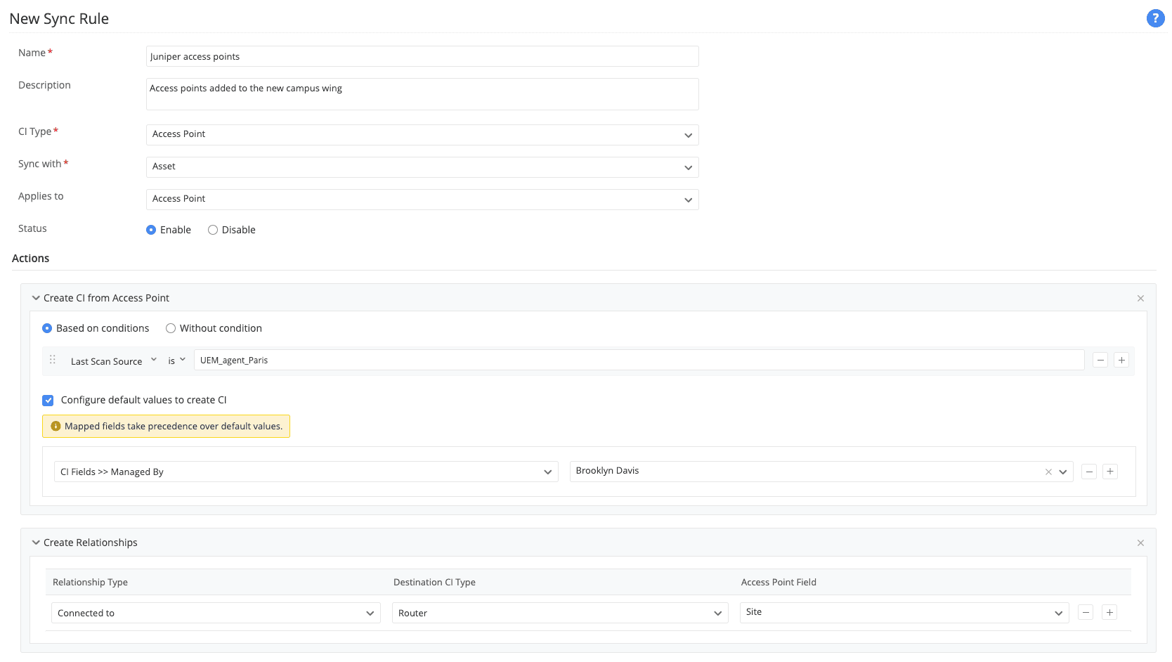 New Sync Rule screen with conditions and automated CI relationship creation