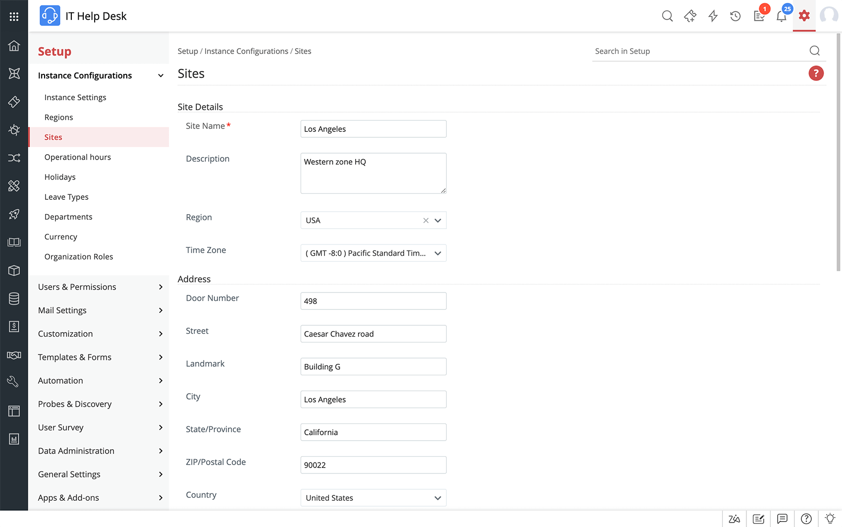 Multi-site support in ServiceDesk Plus Help desk software with multi-site support