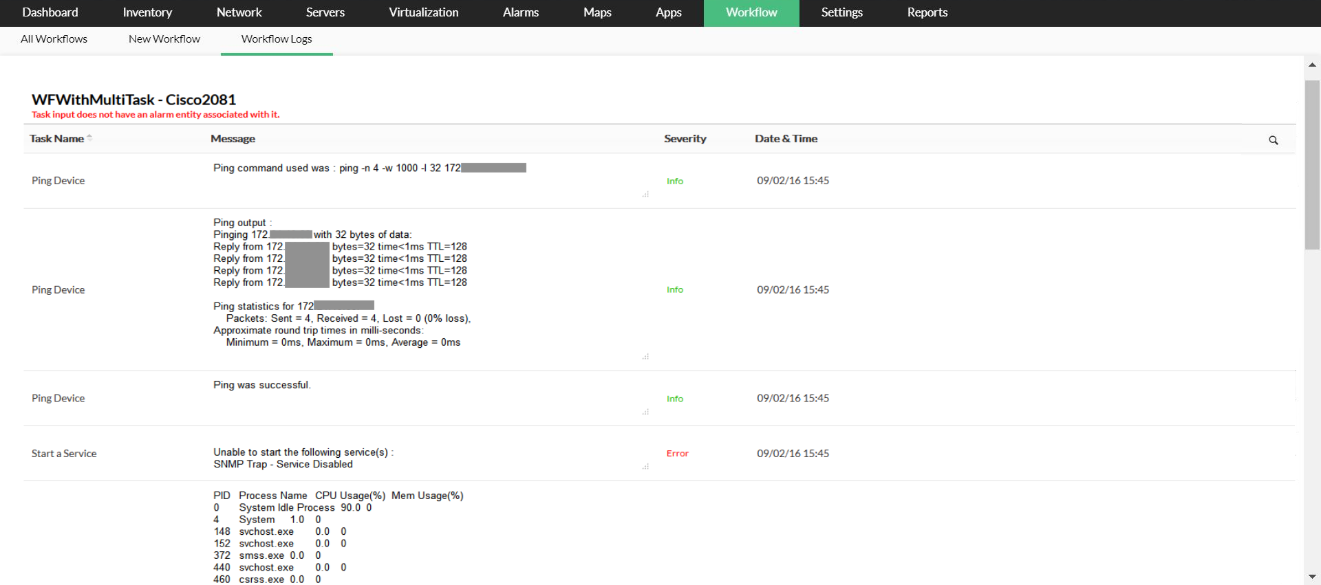 IT Workflow Automation in OpManager: Audit trails of workflow progresses and logs with detailed IT workflow execution logs report