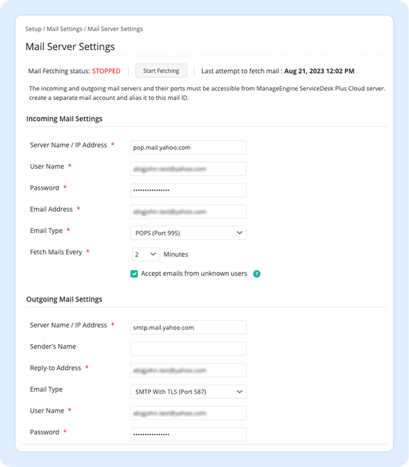 Mail server configuration settings for incoming and outgoing email in an email ticketing system