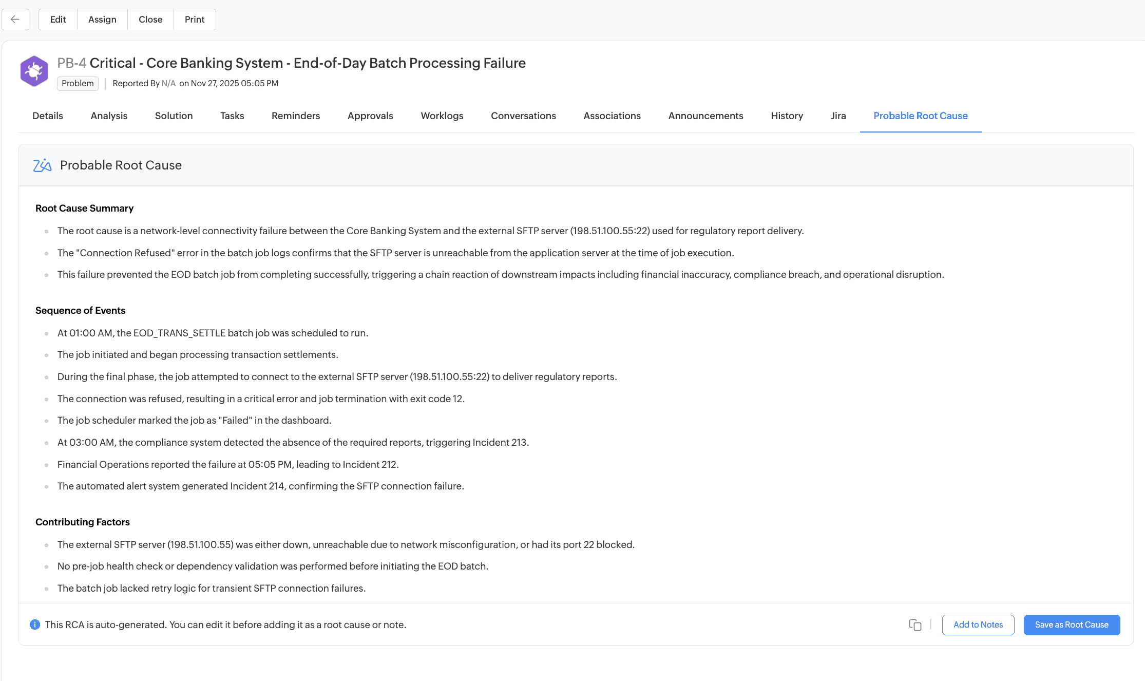 Probable root cause analysis in a problem workflow showing sequence of events & contributing factors