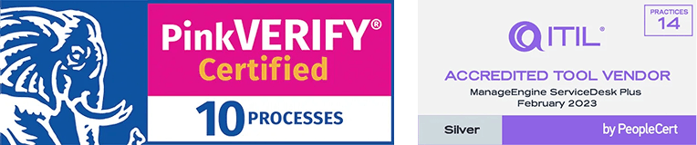 PinkVERIFY Certified badge for 10 ITSM processes and ITIL Accredited Tool Vendor badge at Silver level for 14 ITIL 4 practices, displayed for ServiceDesk Plus
