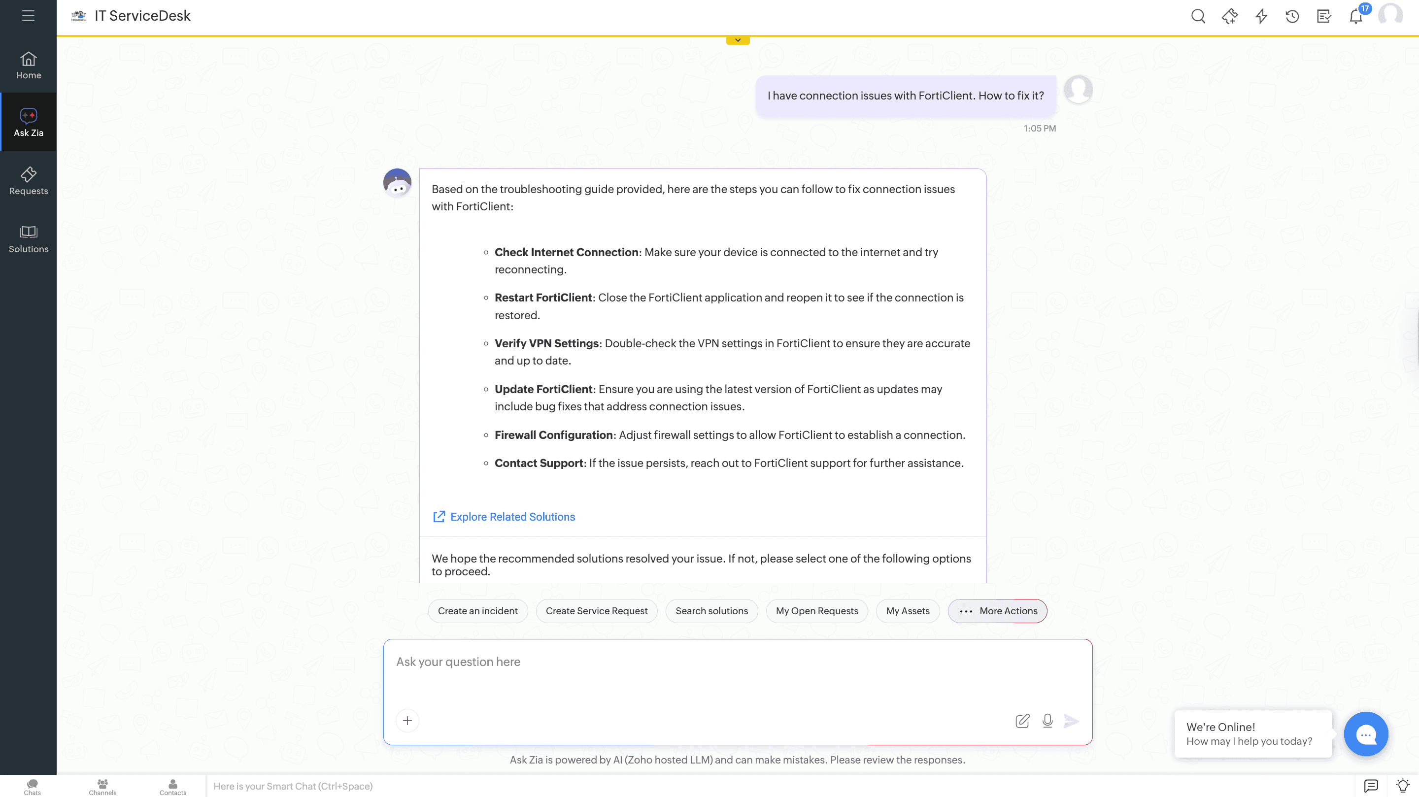 Zia chat window showing student conversation with AI assistant for IT request resolution